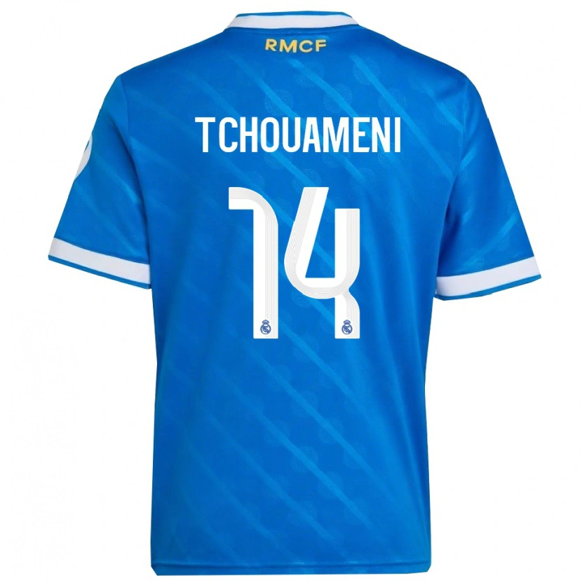 Danxen Kinderen Aurélien Tchouaméni #14 Blauw Wit Thuisshirt Derde Tenue 2025/26 T-Shirt