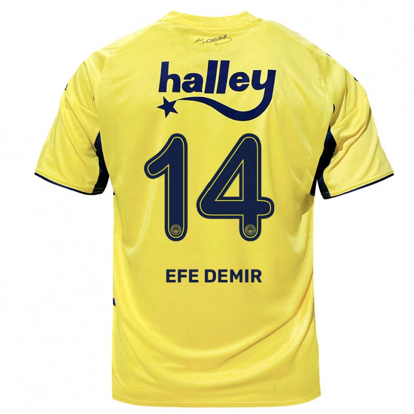 Danxen Kinderen Yiğit Efe Demir #14 Geel Donkerblauw Uitshirt Uittenue 2025/26 T-Shirt