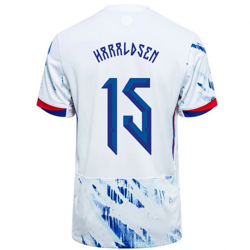 Danxen Heren Noorwegen Henrik Haraldsen #15 Wit Blauw Uitshirt Uittenue 24-26 T-Shirt