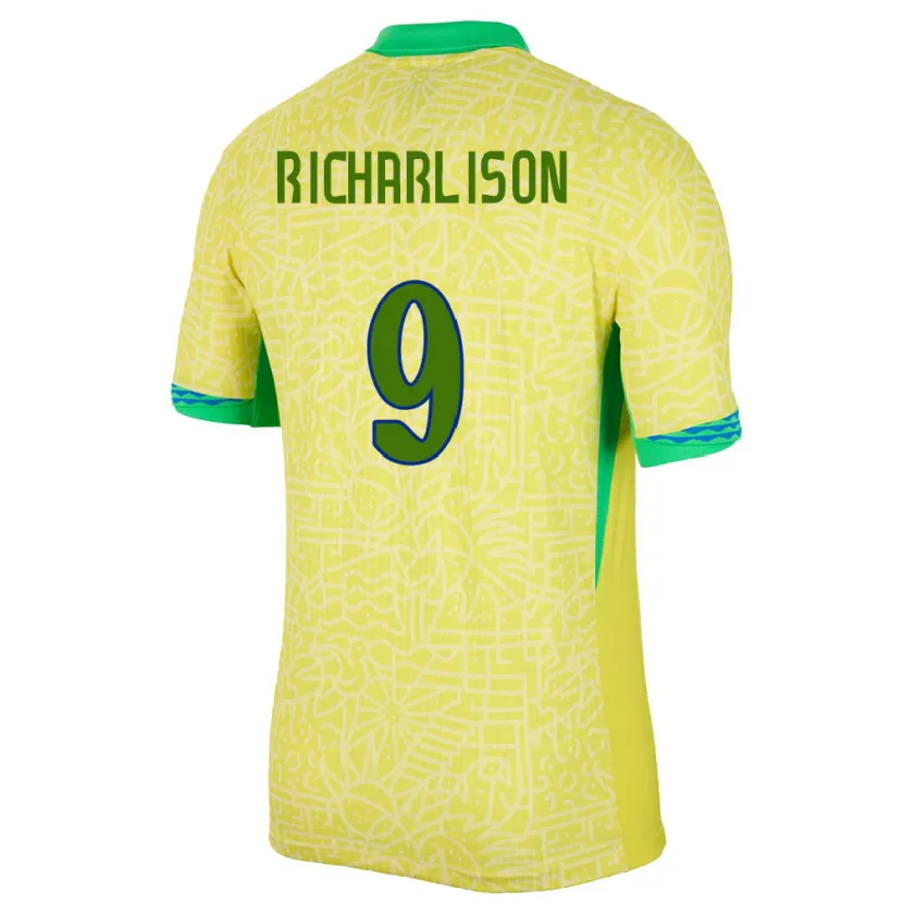 Danxen Dames Brazilië Richarlison #9 Geel Thuisshirt Thuistenue 24-26 T-Shirt