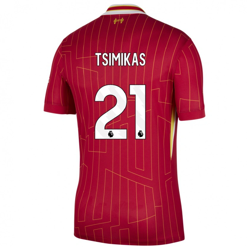 Danxen Dames Konstantinos Tsimikas #21 Rood Geel Wit Thuisshirt Thuistenue 2024/25 T-Shirt