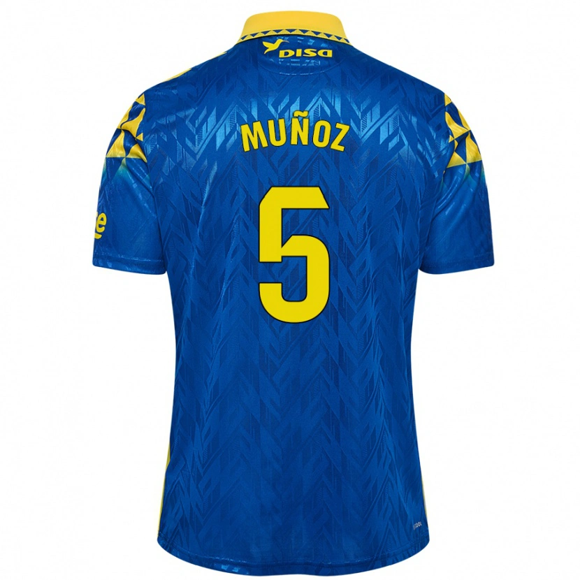Danxen Dames Javi Muñoz #5 Blauw Geel Uitshirt Uittenue 2024/25 T-Shirt